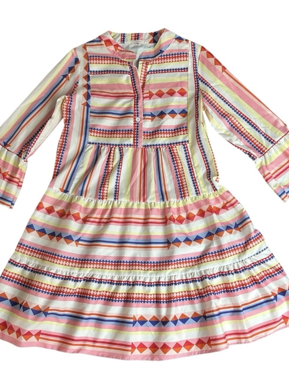 Sundayup Women’s Small Dress Pink Tribal Button Tunic Dress Flared Sleeves